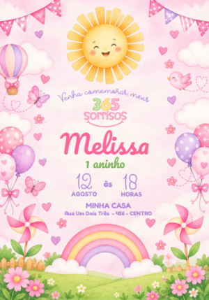 Convite Editável 1º Aninho: 365 Sorrisos e Volta ao Sol
