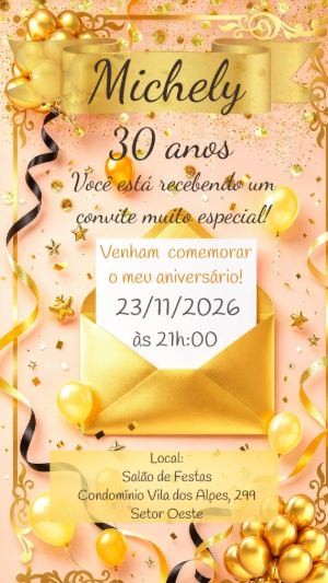 Convite de Aniversário Adulto Dourado e Preto para Editar