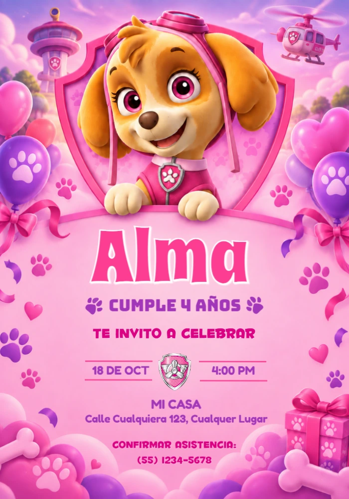 Invitación de Skye Patrulla Canina con su Escudo Rosa para Editar Invitación de Skye Patrulla Canina con su Escudo Rosa para Editar