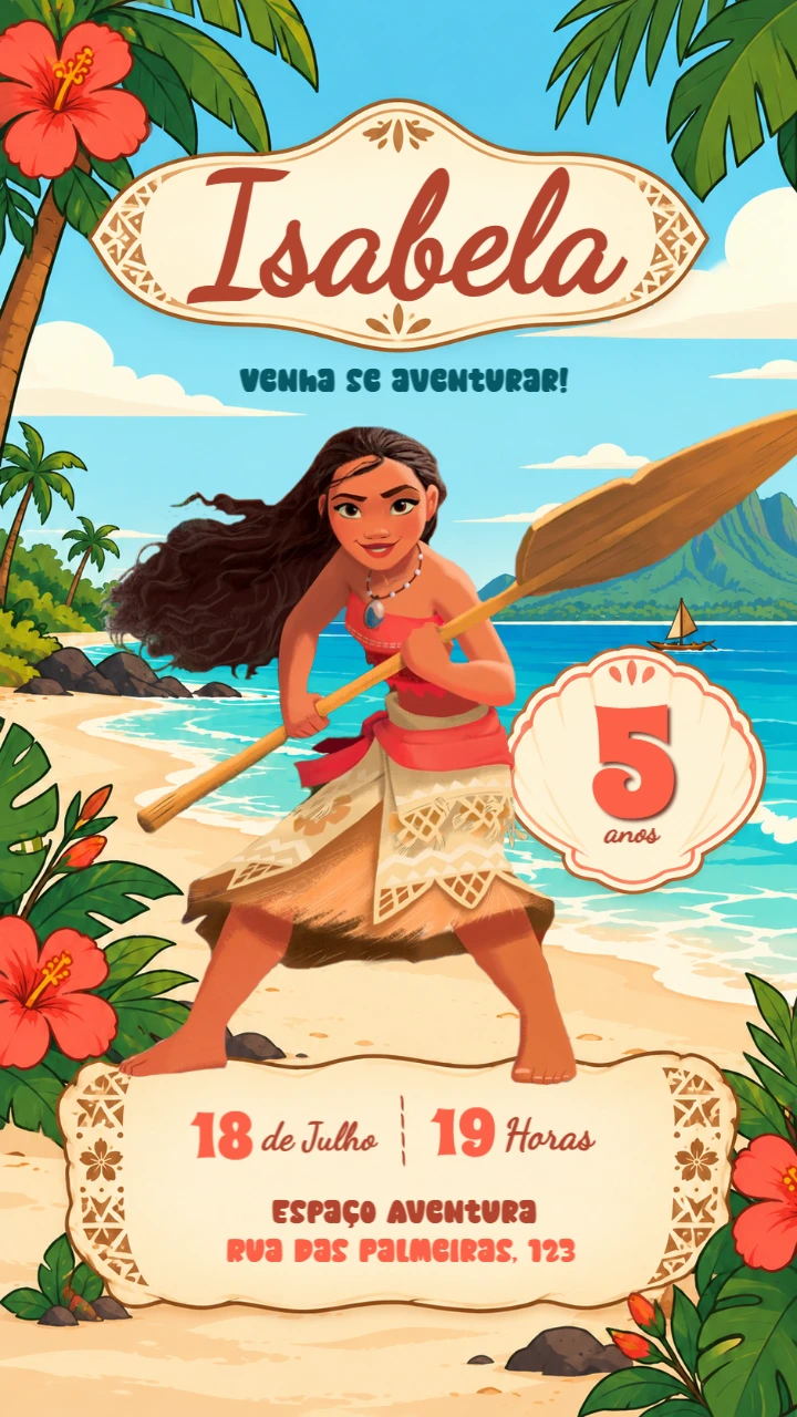 Convite de Aniversário Moana Aventura na Praia para Editar Convite de Aniversário Moana Aventura na Praia para Editar
