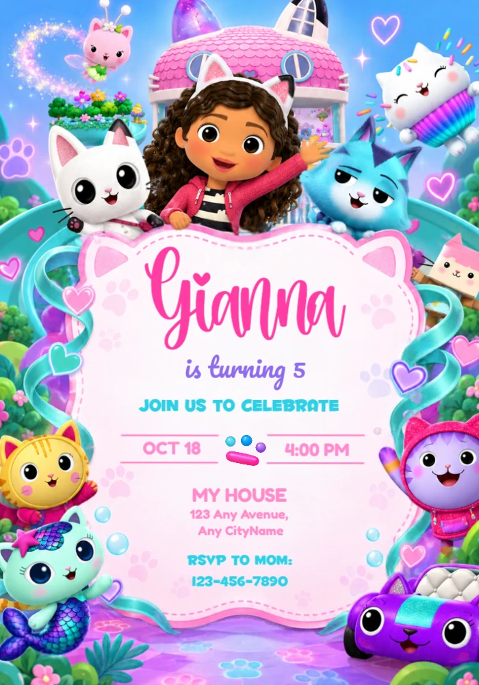 Gabby's Dollhouse Birthday Invitation with All Cats Editable Gabby's Dollhouse Birthday Invitation with All Cats Editable