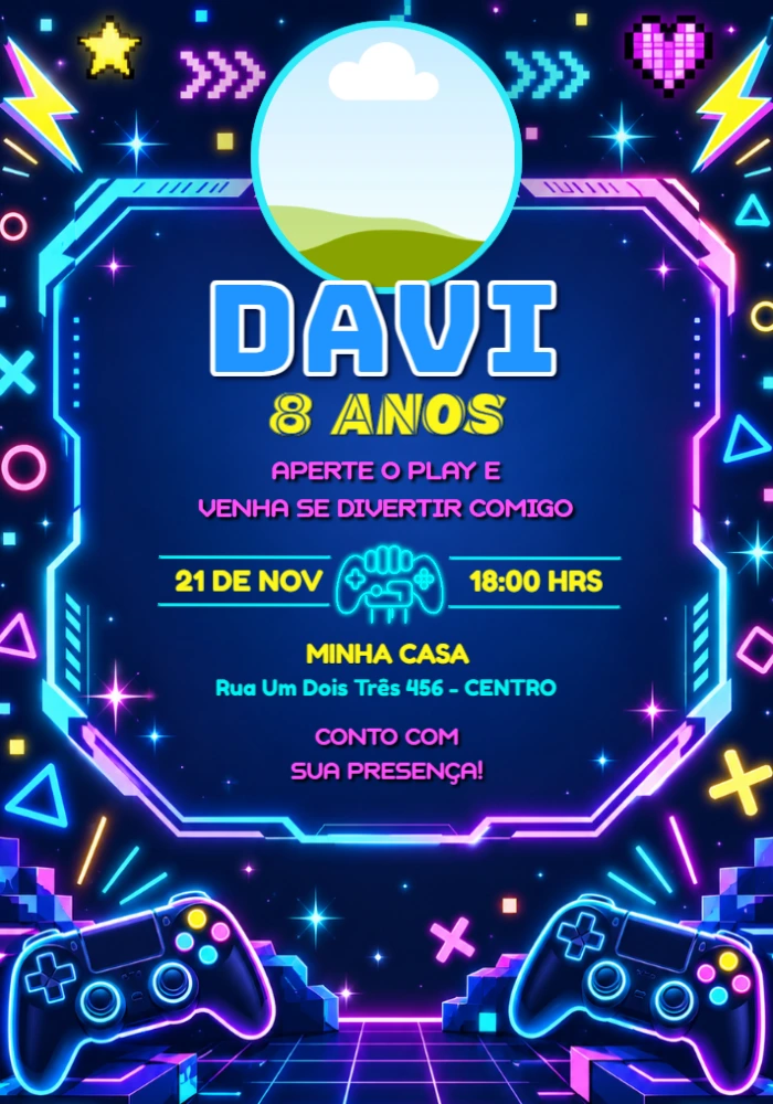 Convite de Aniversário Gamer com Foto para Editar Convite de Aniversário Gamer com Foto para Editar