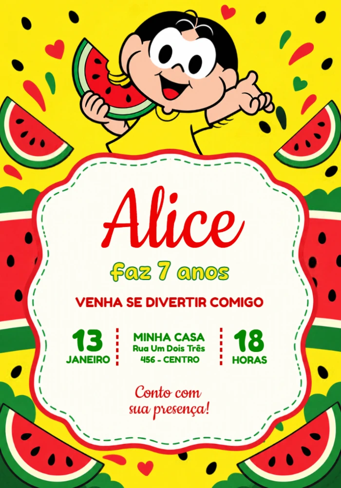 Convite de Aniversário Magali com Melancia Editável Convite de Aniversário Magali com Melancia Editável