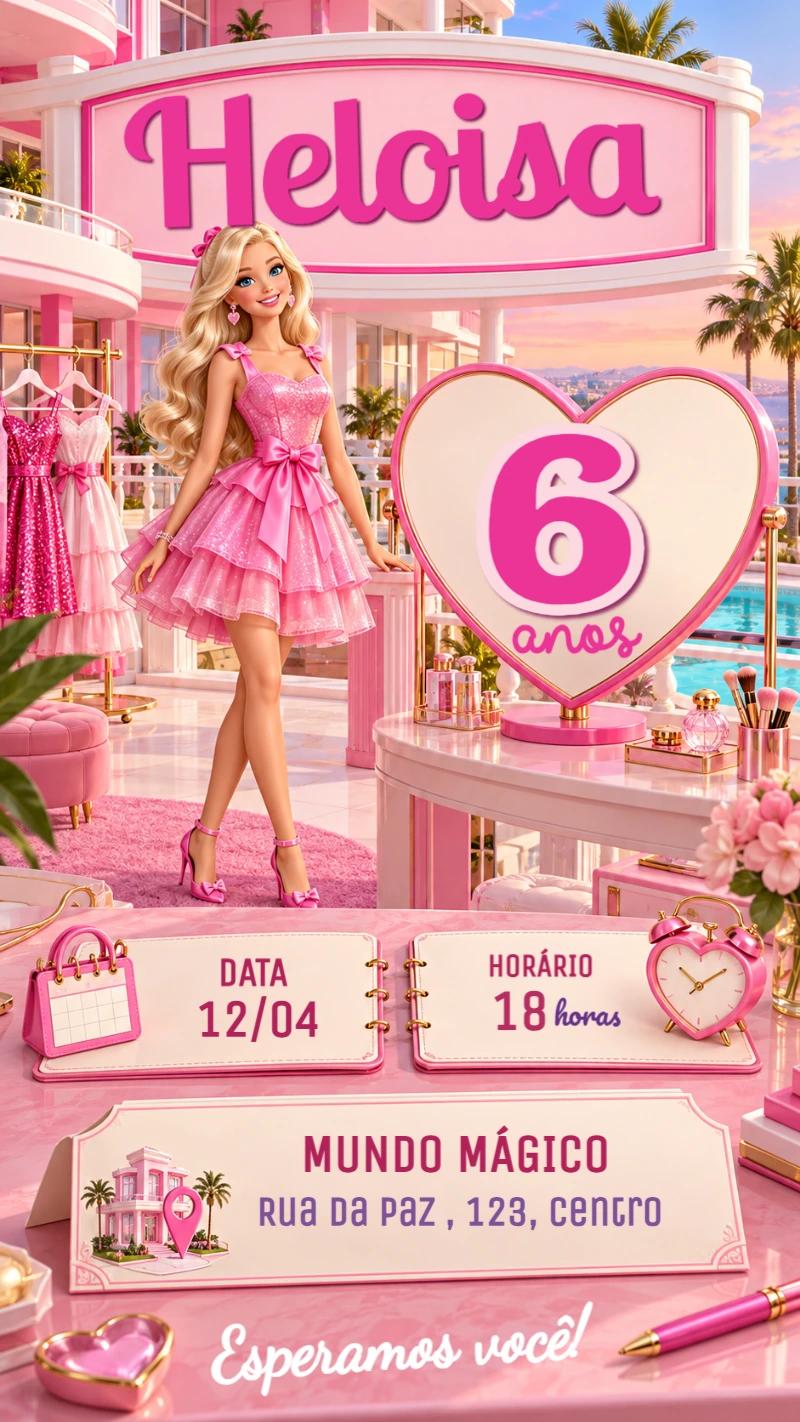 Convite de Aniversário Barbie na Mansão Rosa para Editar Convite de Aniversário Barbie na Mansão Rosa para Editar