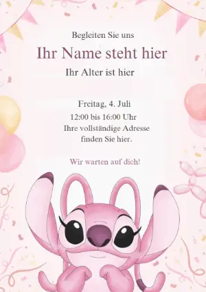 Angel (Stitch) Geburtstagseinladung Rosa zum Bearbeiten