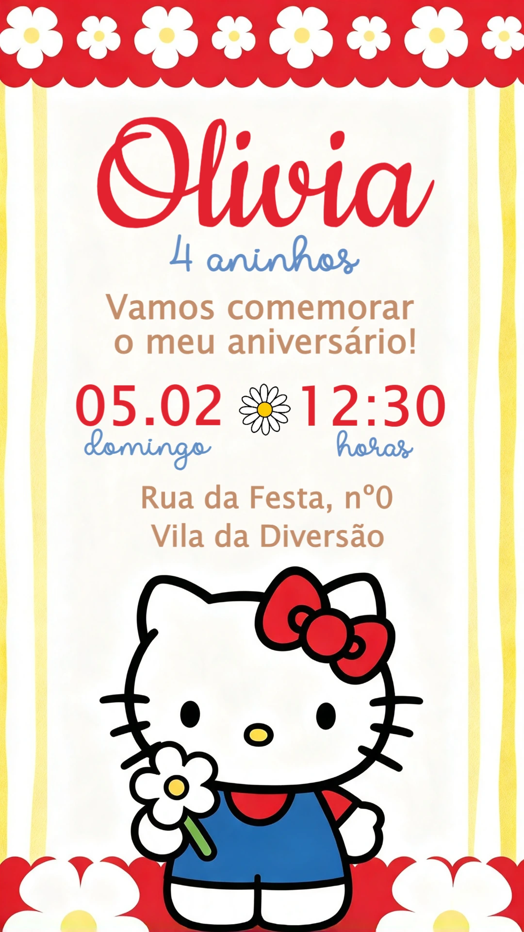 Convite de Aniversário Hello Kitty com Margaridas para Editar Convite de Aniversário Hello Kitty com Margaridas para Editar