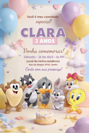 Convite de Aniversário Baby Looney Tunes para Editar Online