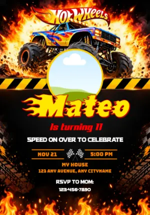 Hot Wheels Monster Truck Birthday Invitation with Photo | Editable