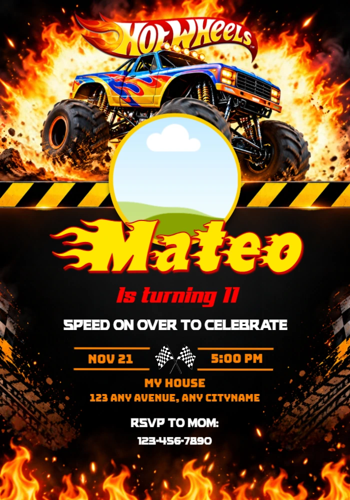 Hot Wheels Monster Truck Birthday Invitation with Photo | Editable Hot Wheels Monster Truck Birthday Invitation with Photo | Editable