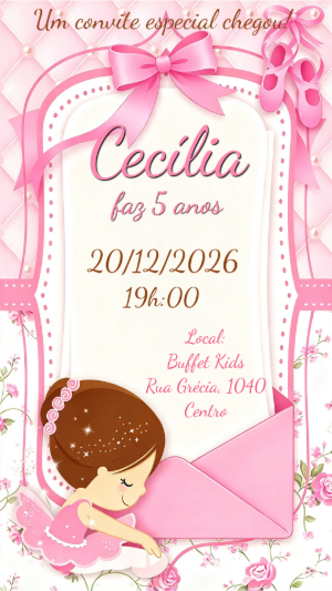 Convite de Aniversário Bailarina Rosa | Modelo Editável