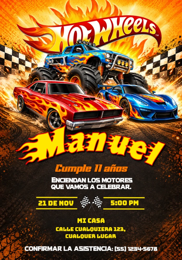 Invitación Hot Wheels Monster Trucks Carrera Explosiva Editable Invitación Hot Wheels Monster Trucks Carrera Explosiva Editable