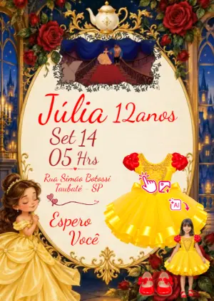 Convite Animado A Bela e a Fera: Vire a Princesa com Foto IA