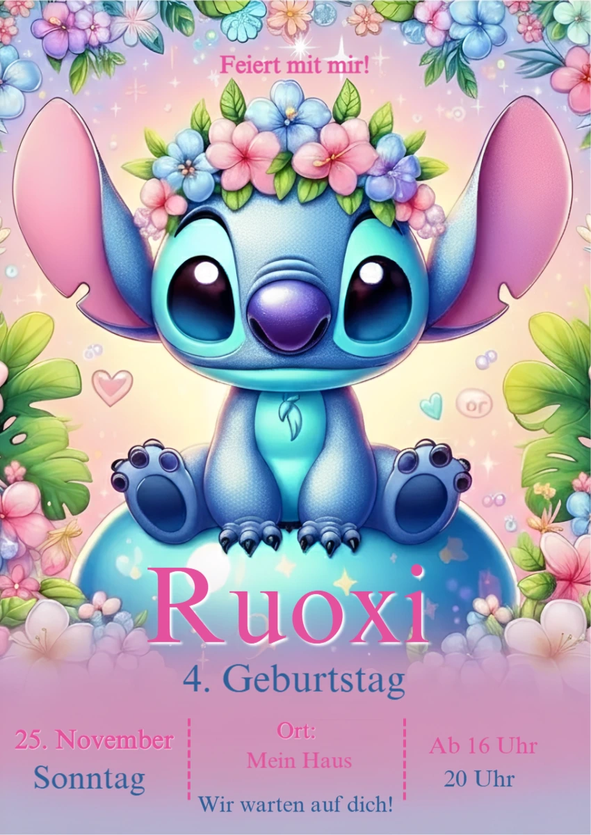 Editierbare Stitch Geburtstagseinladung mit Blumen Editierbare Stitch Geburtstagseinladung mit Blumen