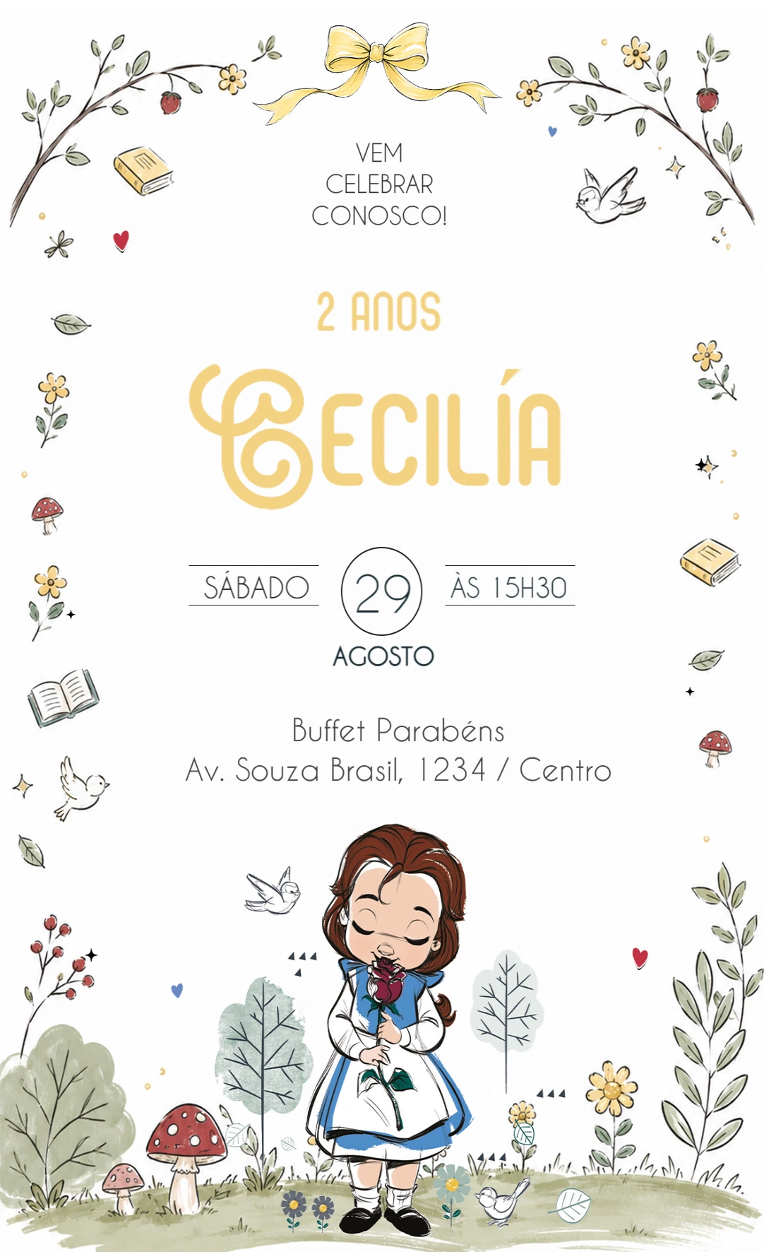 Convite de Aniversário Princesa Bela Baby Aquarela para Editar Convite de Aniversário Princesa Bela Baby Aquarela para Editar