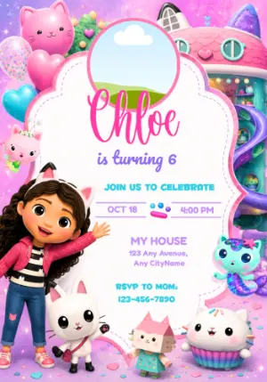 Gabby's Dollhouse Photo Birthday Invitation | Editable Template