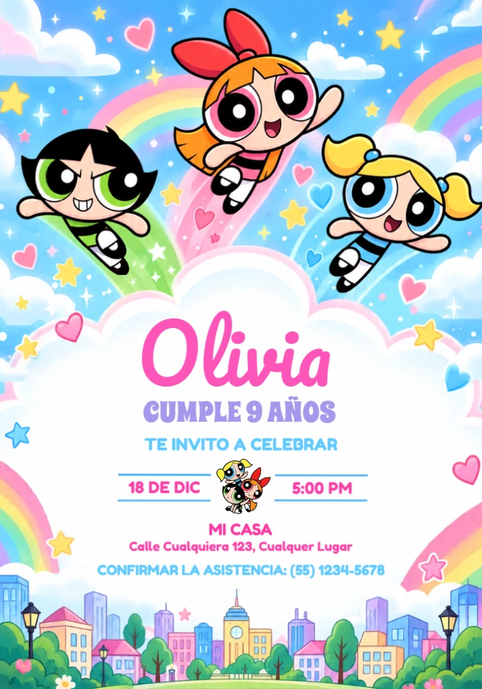Invitación de Cumpleaños Las Chicas Superpoderosas Editable Invitación de Cumpleaños Las Chicas Superpoderosas Editable