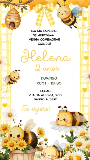 Convite Animado Abelhinha em Aquarela para Editar
