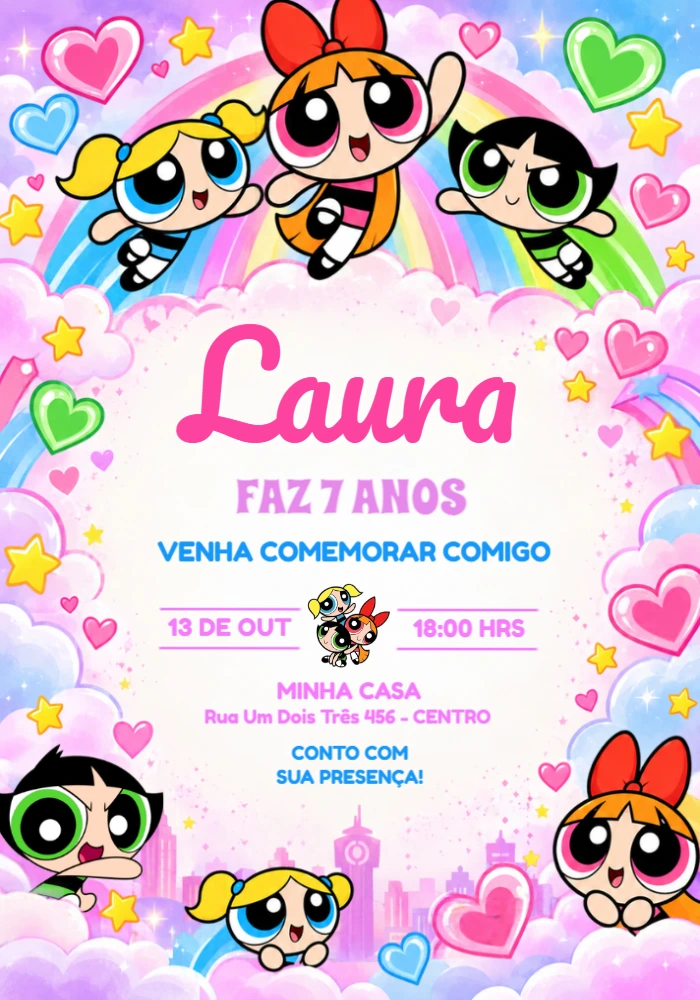 Convite de Aniversário Meninas Super Poderosas para Editar Convite de Aniversário Meninas Super Poderosas para Editar