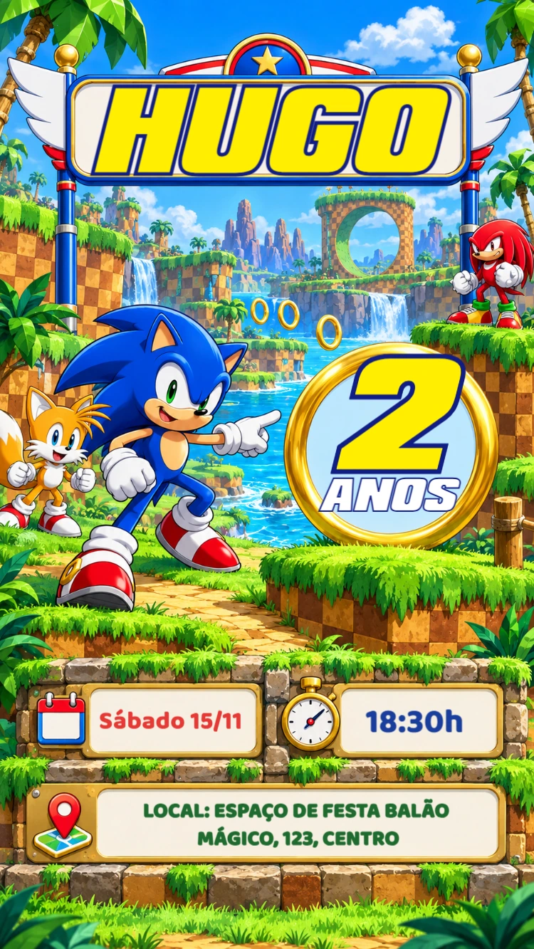 Convite de Aniversário Sonic Green Hill Editável para Festa Convite de Aniversário Sonic Green Hill Editável para Festa