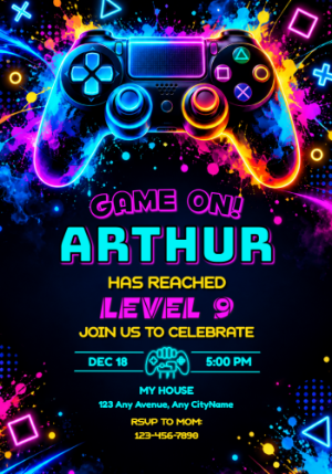 Neon Gamer Birthday Invitation with Controller | Editable Template
