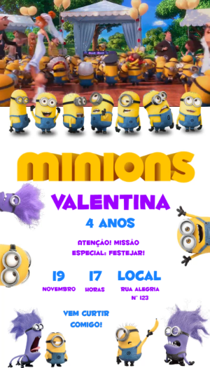 Convite Animado de Aniversário Minions: Modelo Editável