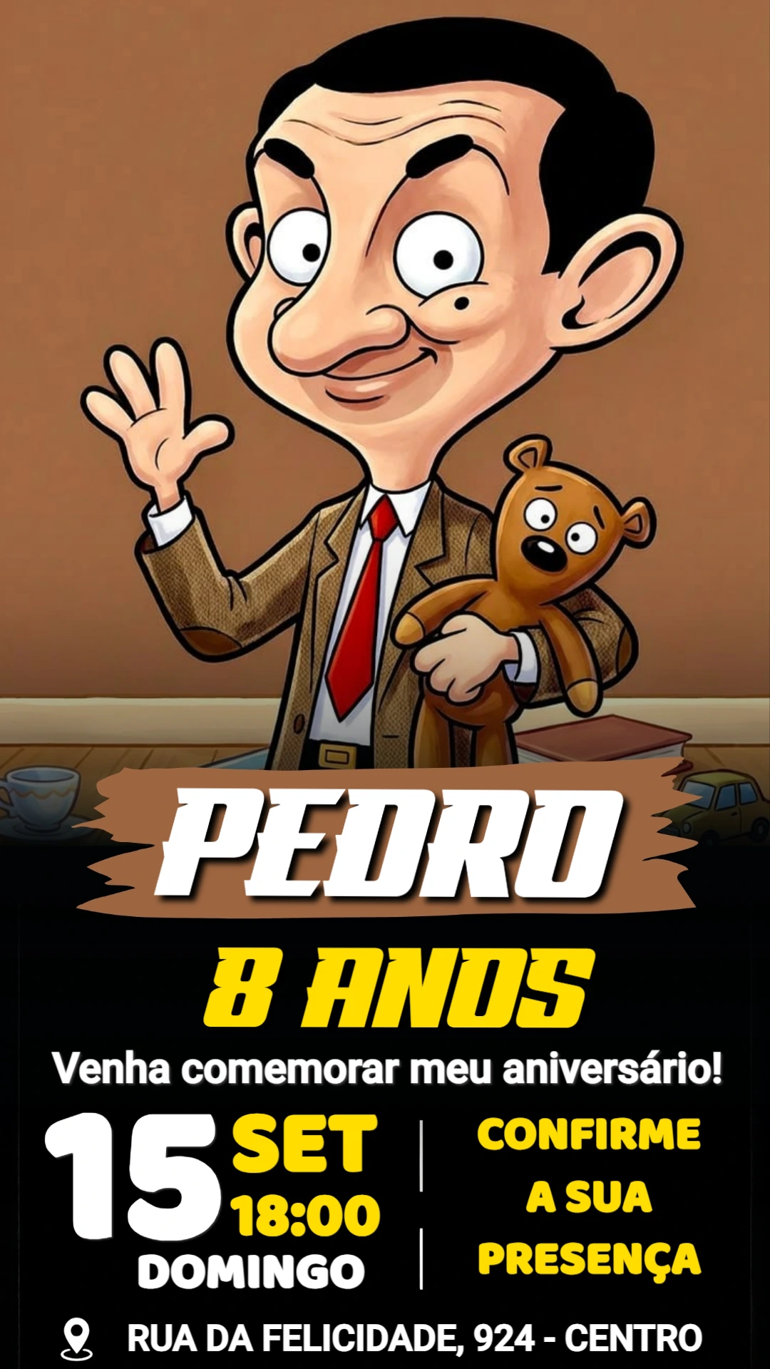 Convite de Aniversário Mr. Bean Acenando para Editar Convite de Aniversário Mr. Bean Acenando para Editar