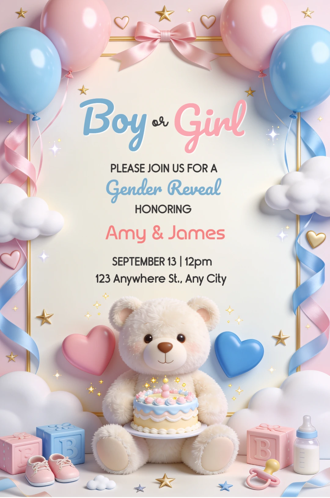 Cute Teddy Bear Gender Reveal Invitation Template Cute Teddy Bear Gender Reveal Invitation Template
