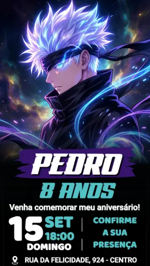 Convite de aniversário Jujutsu Kaisen Gojo Poder Infinito para editar