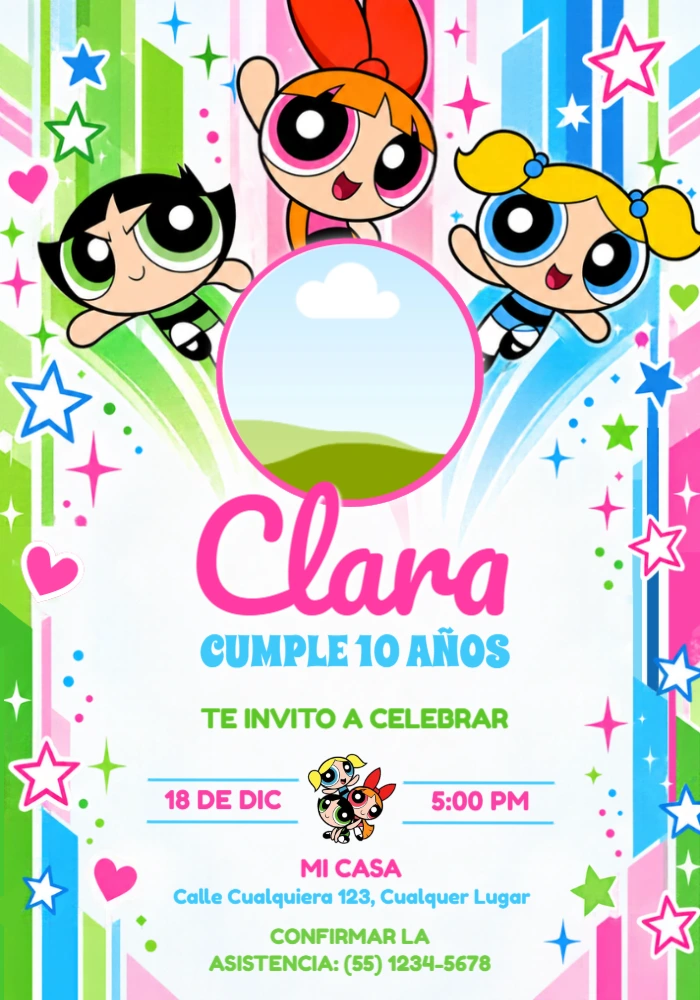 Invitación de Cumpleaños Las Chicas Superpoderosas con Foto Editable Invitación de Cumpleaños Las Chicas Superpoderosas con Foto Editable