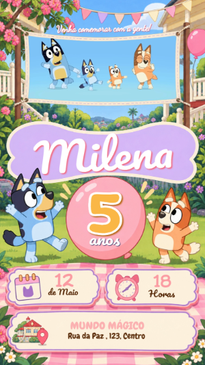 Convite Animado Bluey e Bingo de Aniversário para Editar
