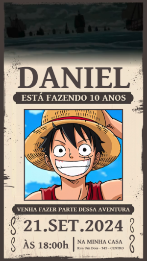Convite Animado One Piece Wanted: Aniversário de Pirata Editável