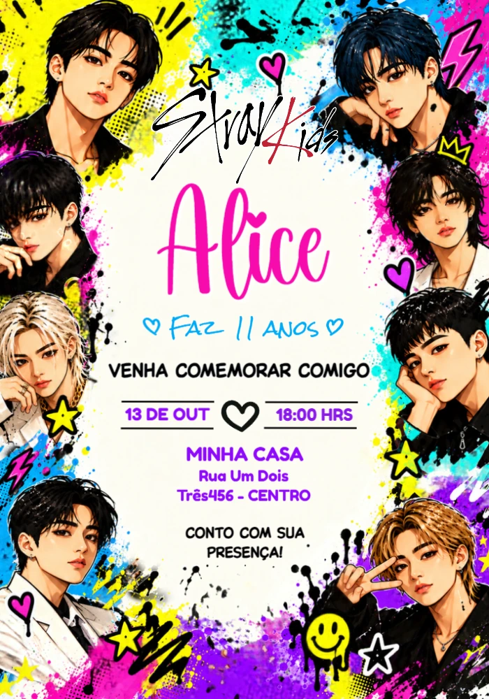 Convite de Aniversário Stray Kids Estilo Mangá para Editar Convite de Aniversário Stray Kids Estilo Mangá para Editar