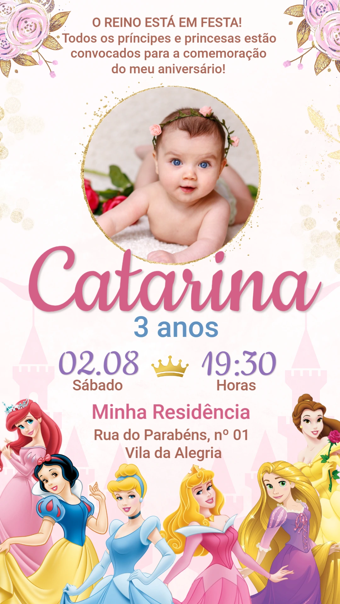 Convite de Aniversário Princesas Disney Editável com Foto Convite de Aniversário Princesas Disney Editável com Foto