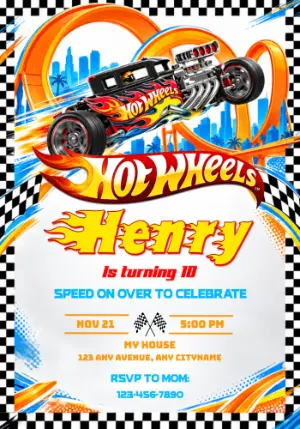 Hot Wheels Birthday Invitation on the Orange Track Editable