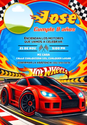 Invitación de Cumpleaños Hot Wheels con Foto para Editar