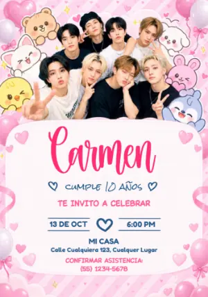 Invitación de Cumpleaños Stray Kids estilo K-pop para editar