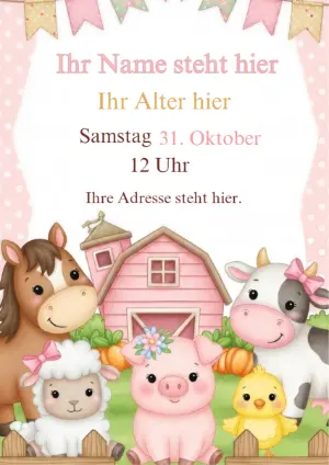Geburtstagseinladung Kleiner Bauernhof in Rosa zum Bearbeiten