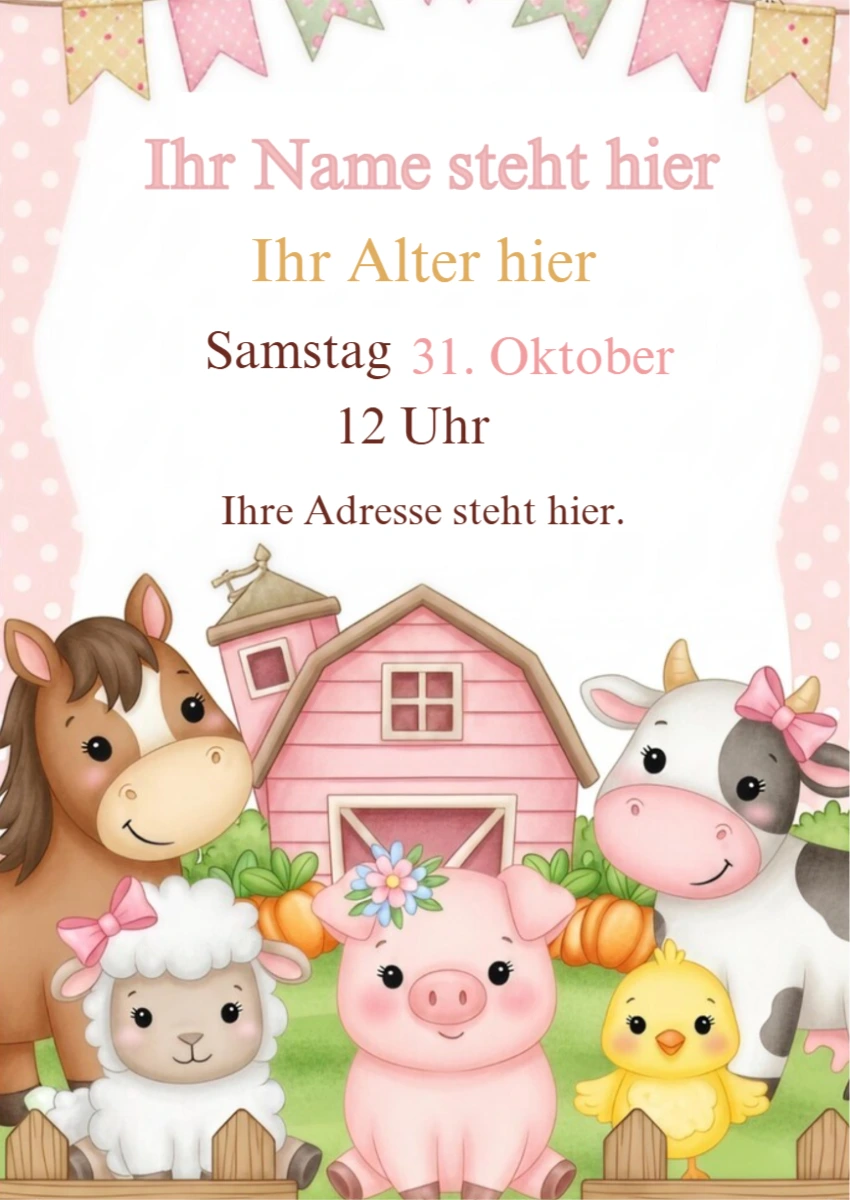 Geburtstagseinladung Kleiner Bauernhof in Rosa zum Bearbeiten Geburtstagseinladung Kleiner Bauernhof in Rosa zum Bearbeiten