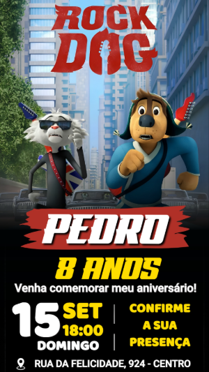 Convite de Aniversário Rock Dog Aventura na Cidade Editável