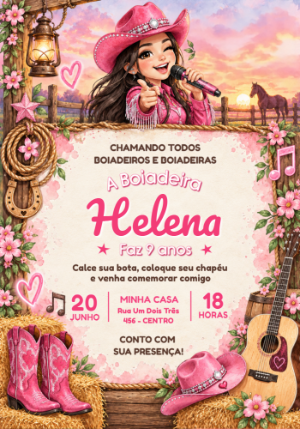 Convite de Aniversário Ana Castela Boiadeira Rosa Editável
