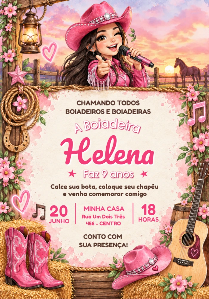 Convite de Aniversário Ana Castela Boiadeira Rosa Editável Convite de Aniversário Ana Castela Boiadeira Rosa Editável