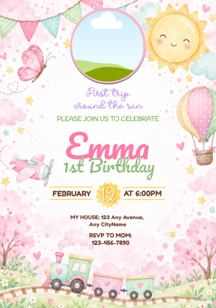Editable First Trip Around the Sun Photo Birthday Invitation Editable First Trip Around the Sun Photo Birthday Invitation