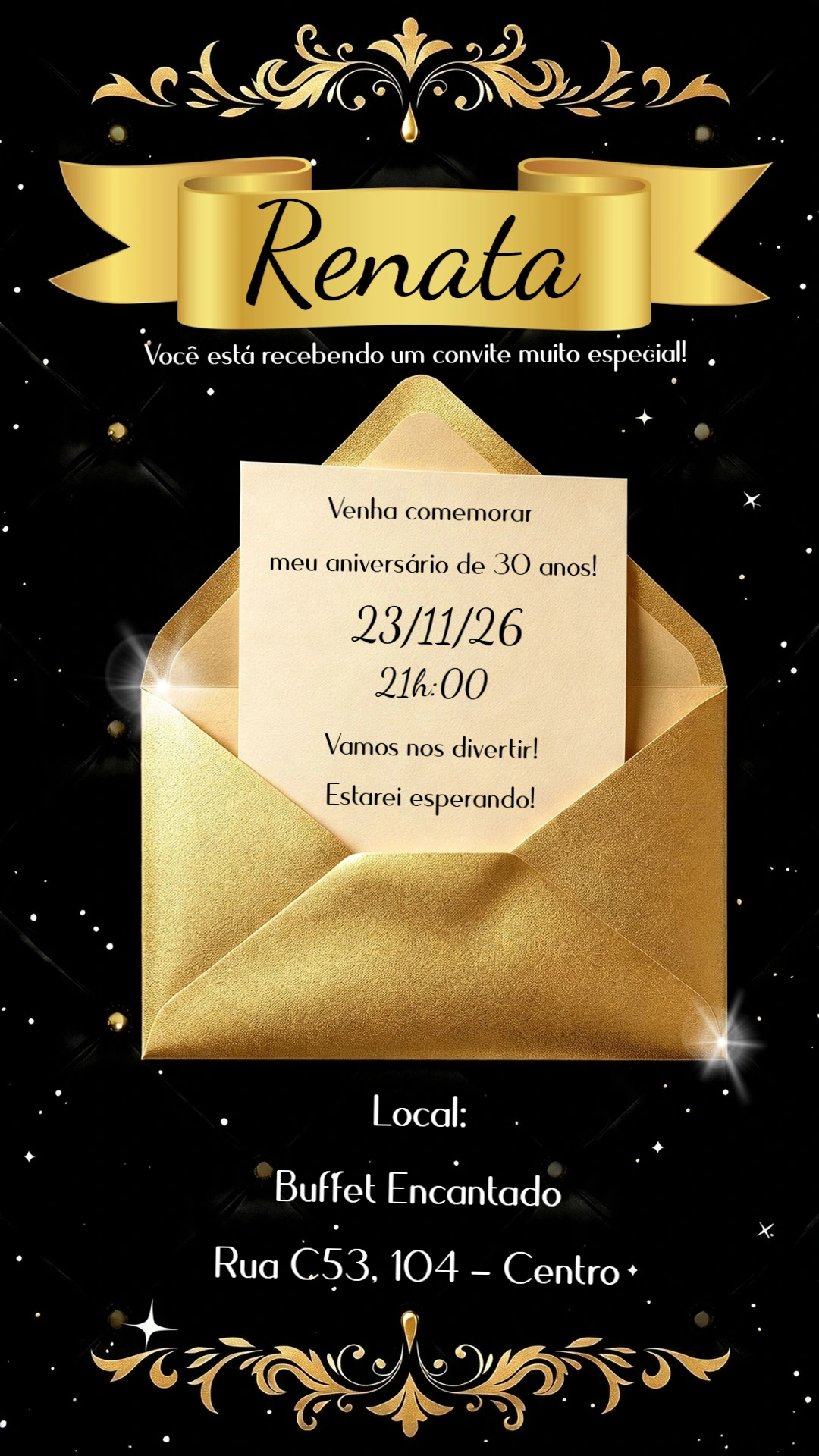 Convite de Aniversário Preto e Dourado Elegante para Editar Convite de Aniversário Preto e Dourado Elegante para Editar