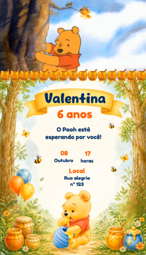 Convite Animado Ursinho Pooh: Aniversário Infantil Editável