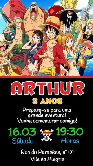 Convite Digital One Piece para Aniversário Infantil Editável