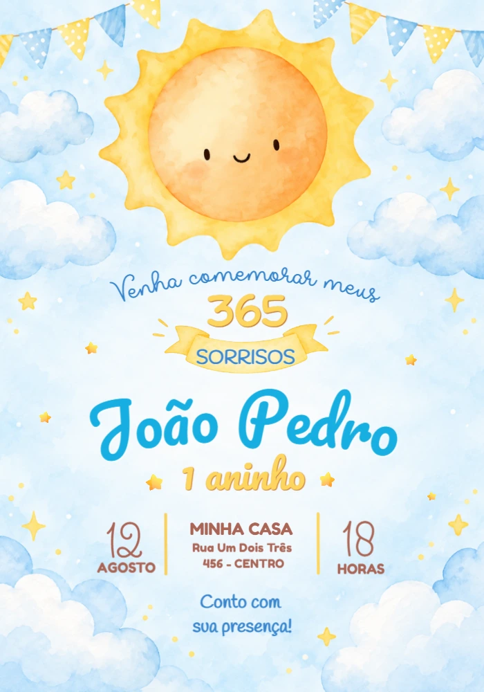 Convite 1º Aninho 365 Sorrisos Volta ao Sol para Editar Convite 1º Aninho 365 Sorrisos Volta ao Sol para Editar