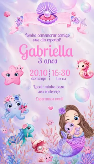 Convite Aniversário Sereia Fundo do Mar Aquarela para Editar