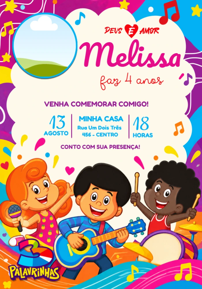 Convite de Aniversário 3 Palavrinhas com Foto Editável Convite de Aniversário 3 Palavrinhas com Foto Editável
