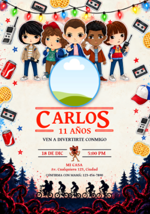 Convite de Aniversário Stranger Things com Foto Editável