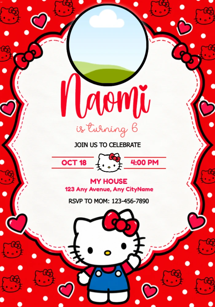 Hello Kitty Birthday Invitation with Photo Frame Editable Template Hello Kitty Birthday Invitation with Photo Frame Editable Template